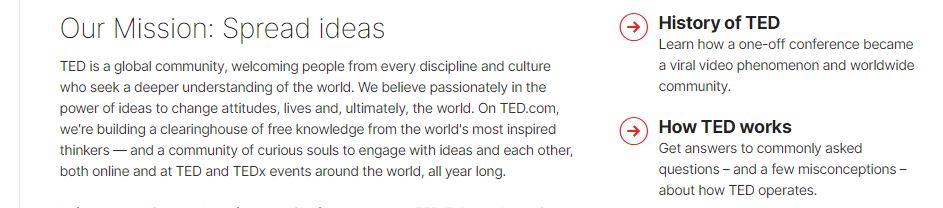 How TED expresses its company mission and vision.